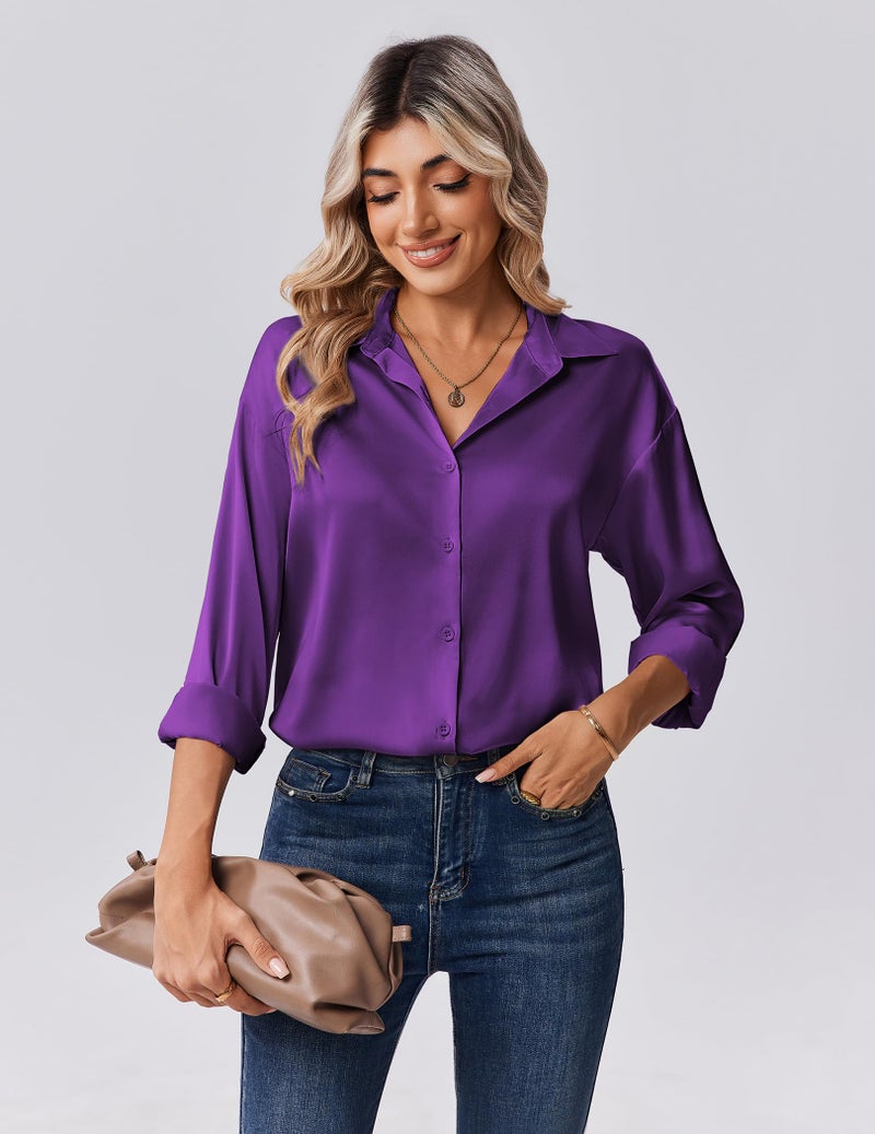 Zeagoo Shirts for Women Long Sleeve Button Up Tops Business Dressy Blouses Satin Silk Dress Shirt Purple - Image 4