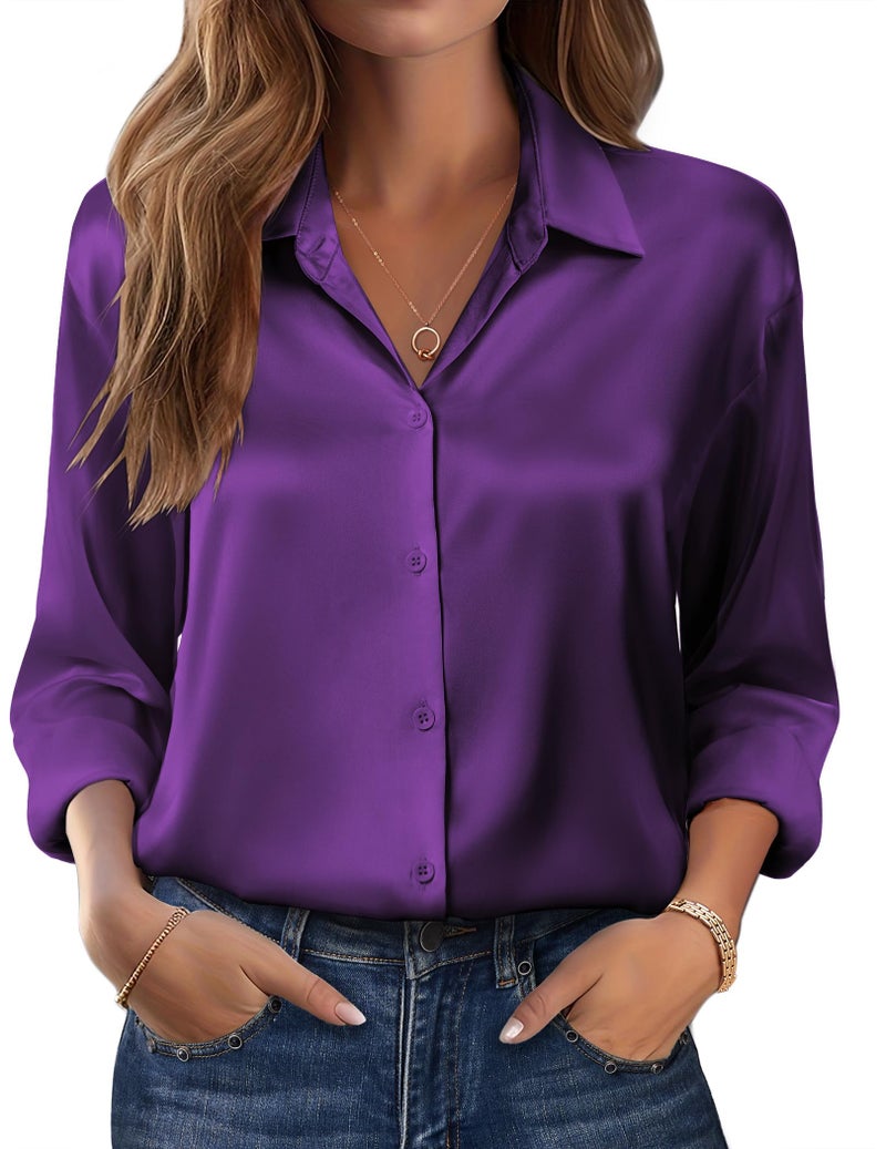 Zeagoo Shirts for Women Long Sleeve Button Up Tops Business Dressy Blouses Satin Silk Dress Shirt Purple - Image 1
