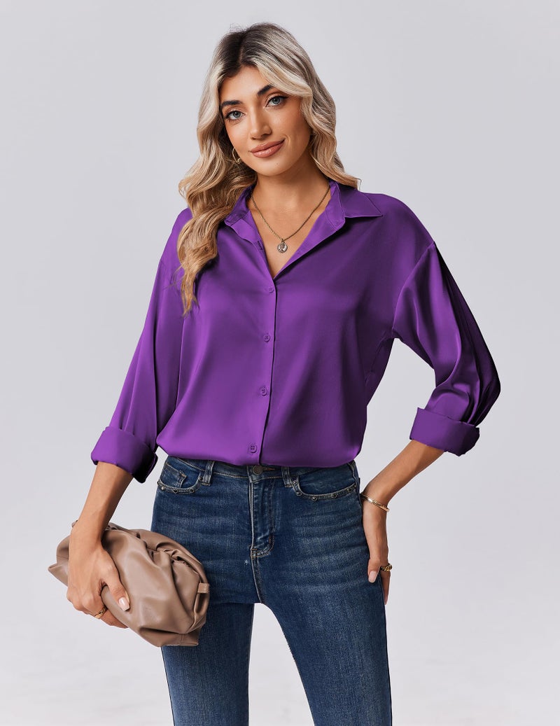 Zeagoo Shirts for Women Long Sleeve Button Up Tops Business Dressy Blouses Satin Silk Dress Shirt Purple - Image 3