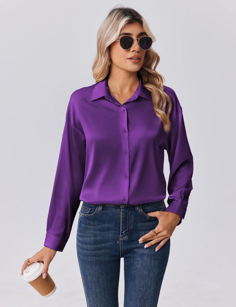 Zeagoo Shirts for Women Long Sleeve Button Up Tops Business Dressy Blouses Satin Silk Dress Shirt Purple - Image 2
