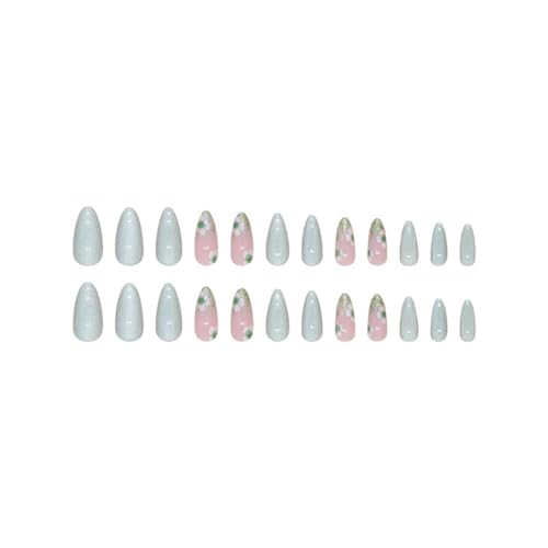 CTTHNBD Almond Press on Nails Medium Fake Nails Green False Nails with Design Cute Flower Stick on Nails Full Cover Glossy Acrylic Glue on Nails Christmas Artificial Nails for Women Manicure 24Pcs - Image 5