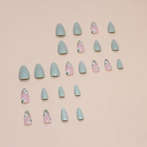 CTTHNBD Almond Press on Nails Medium Fake Nails Green False Nails with Design Cute Flower Stick on Nails Full Cover Glossy Acrylic Glue on Nails Christmas Artificial Nails for Women Manicure 24Pcs - Image 4