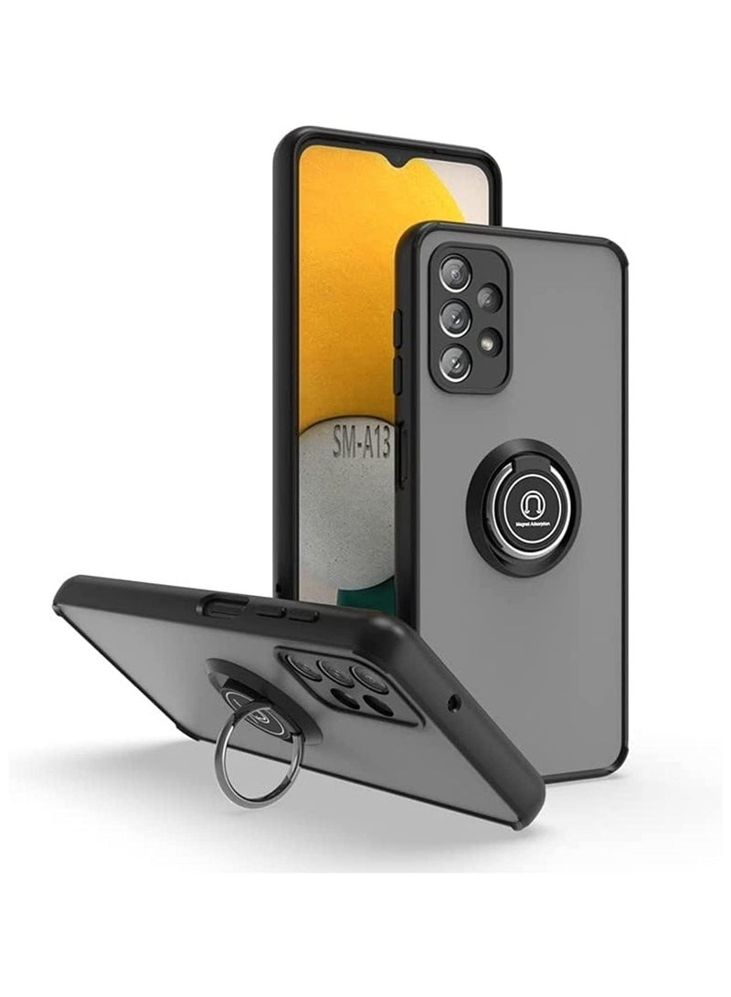 غطاء واقي معدني دوار مع حامل للسيارة لهاتف سامسونج جالاكسي A13 4G بلمسة نهائية غير لامعة وحماية من الصدمات للجزء الخلفي الصلب باللون الأسود