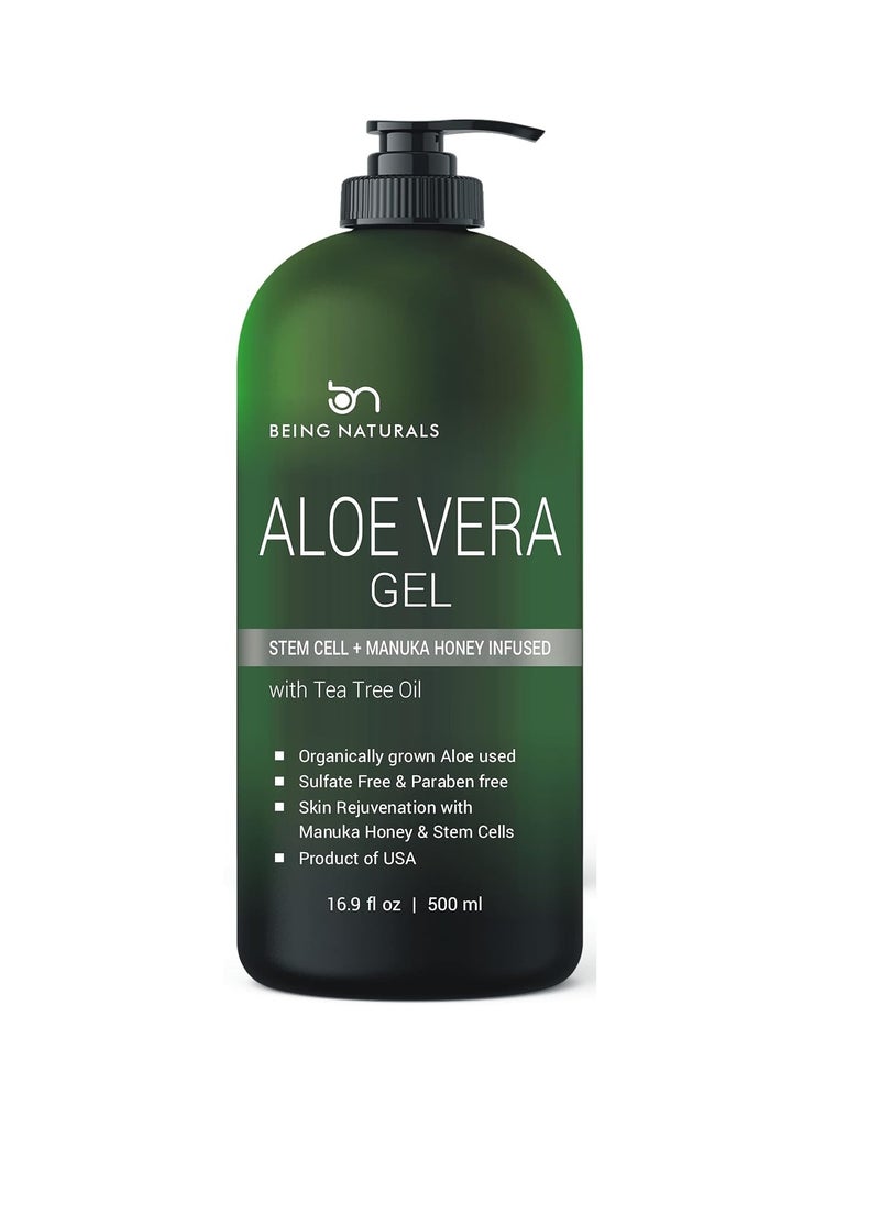 Being Naturals Aloe vera Gel - from 100% Pure Organic Aloe Infused with Manuka Honey, Stem Cell, Tea Tree Oil - Natural Raw Moisturizer for Face, Body, Hair. Perfect for Sunburn, Acne, Razor Bumps 16.9 fl oz  - Image 1
