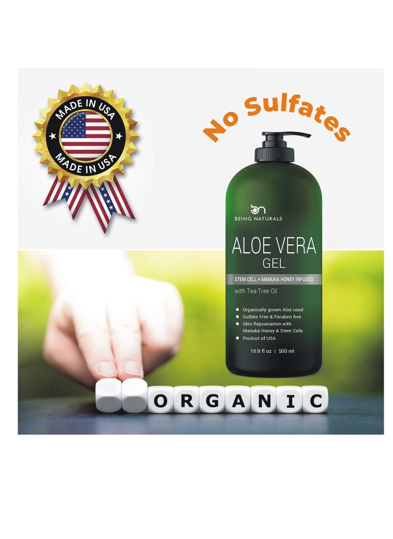Being Naturals Aloe vera Gel - from 100% Pure Organic Aloe Infused with Manuka Honey, Stem Cell, Tea Tree Oil - Natural Raw Moisturizer for Face, Body, Hair. Perfect for Sunburn, Acne, Razor Bumps 16.9 fl oz  - Image 2