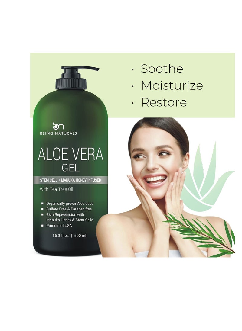 Being Naturals Aloe vera Gel - from 100% Pure Organic Aloe Infused with Manuka Honey, Stem Cell, Tea Tree Oil - Natural Raw Moisturizer for Face, Body, Hair. Perfect for Sunburn, Acne, Razor Bumps 16.9 fl oz  - Image 3
