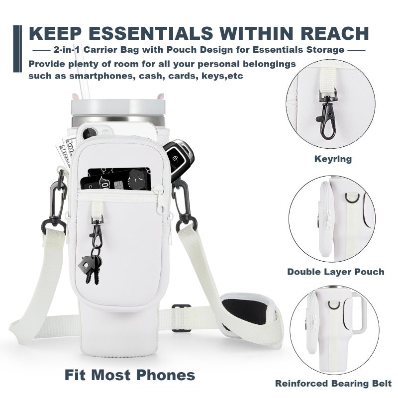 BULKITEM Water Bottle Carrier Bag with Phone Pocket for Cream Stanley 40 oz Tumbler with Handle, Cream Insulated Neoprene Cup Holder Pouch Strap for Stanley Cup Accessories - Image 3