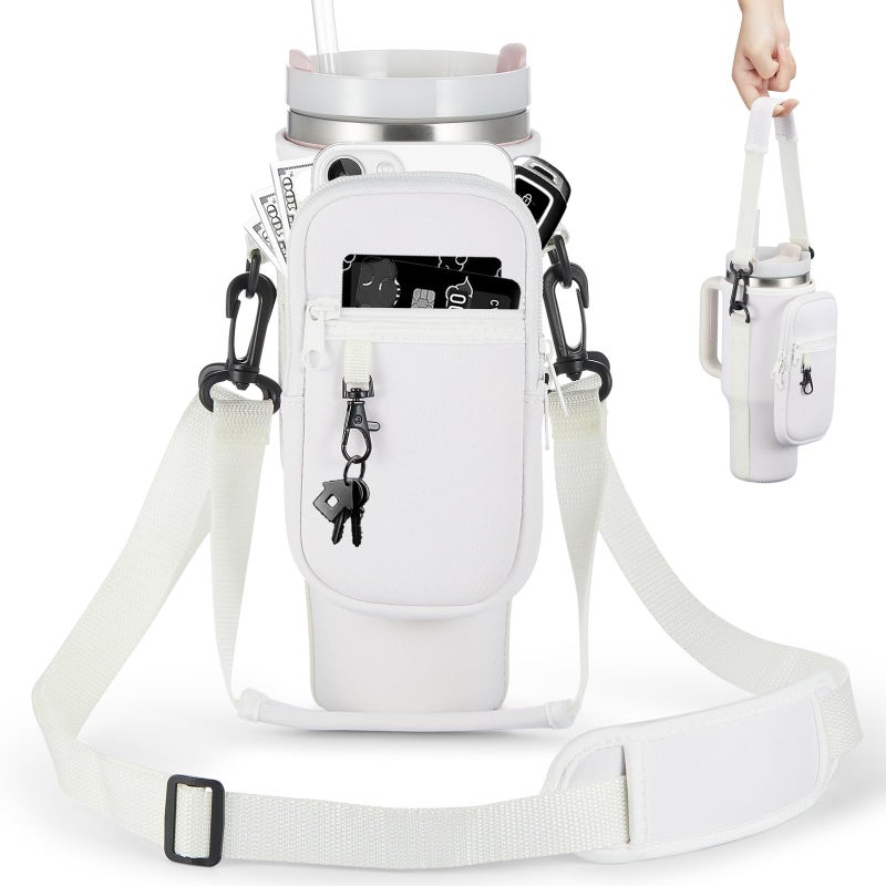 BULKITEM Water Bottle Carrier Bag with Phone Pocket for Cream Stanley 40 oz Tumbler with Handle, Cream Insulated Neoprene Cup Holder Pouch Strap for Stanley Cup Accessories - Image 1