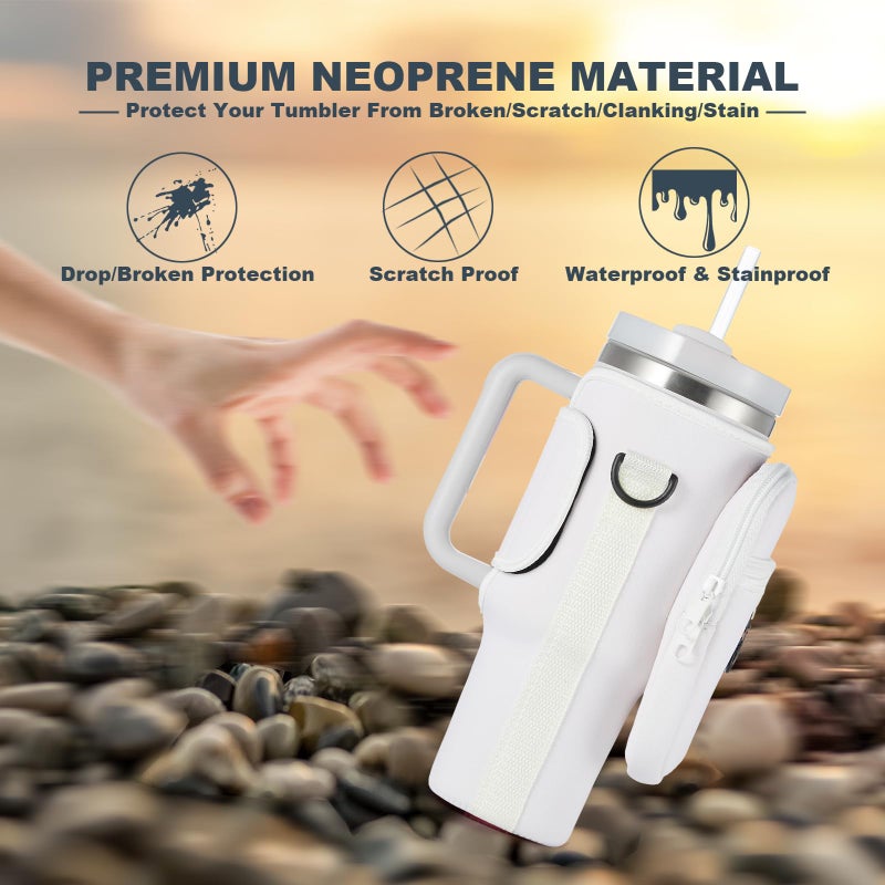 BULKITEM Water Bottle Carrier Bag with Phone Pocket for Cream Stanley 40 oz Tumbler with Handle, Cream Insulated Neoprene Cup Holder Pouch Strap for Stanley Cup Accessories - Image 4