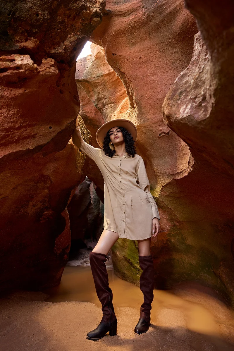 Virgio Solid Modal Pleated Mini Shirt Dress for Women