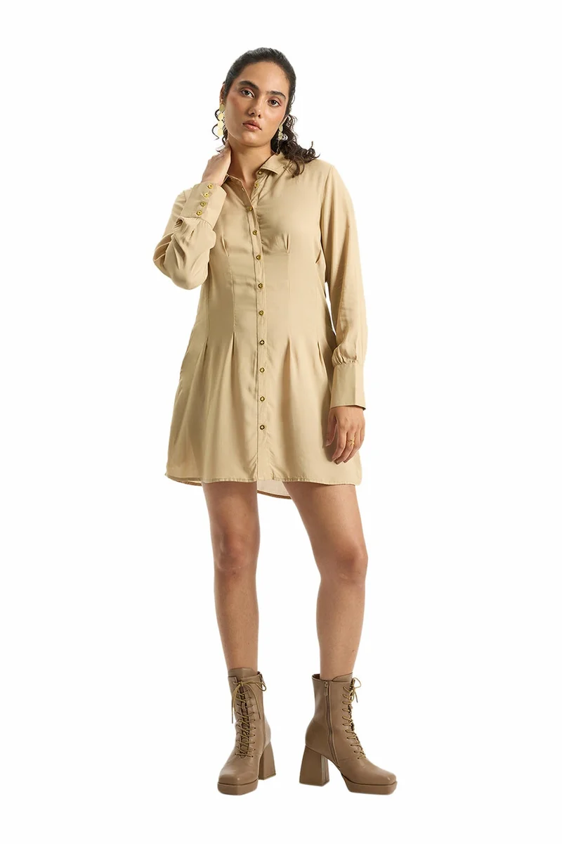 Virgio Solid Modal Pleated Mini Shirt Dress for Women