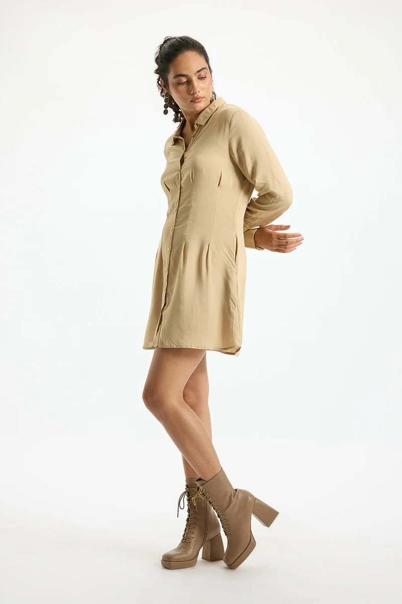 Virgio Beige Solid Modal Pleated Mini Shirt Dress for Women for Women | Best Price UAE