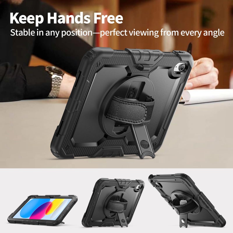 Ambison Case for iPad (A16) 11th/10th Generation 11''/10.9'' 2025/2022, [Kid Proof] Full Body Protective Case with 9H Tempered Glass Screen Protector, 360Â° Rotatable Kickstand & Hand Strap (Black) - Image 3