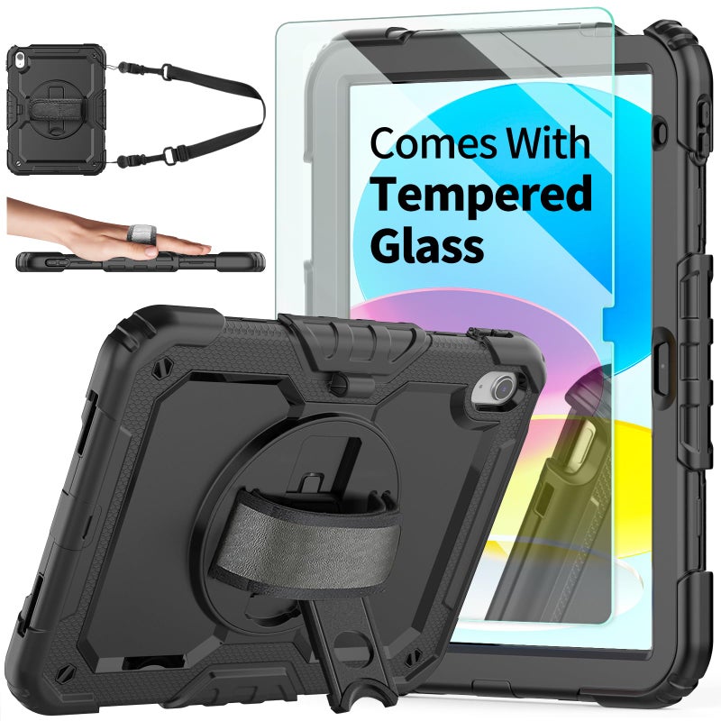 Ambison Case for iPad (A16) 11th/10th Generation 11''/10.9'' 2025/2022, [Kid Proof] Full Body Protective Case with 9H Tempered Glass Screen Protector, 360Â° Rotatable Kickstand & Hand Strap (Black) - Image 1