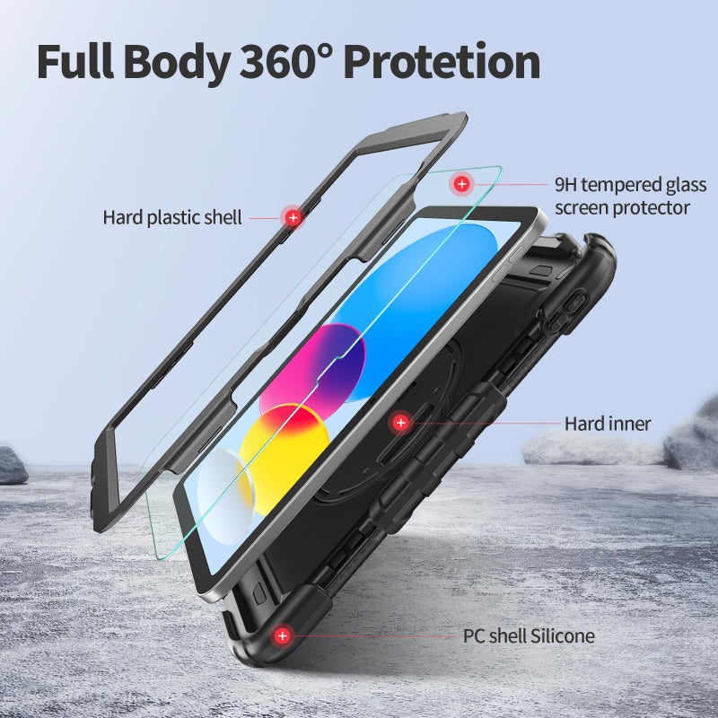 Ambison Case for iPad (A16) 11th/10th Generation 11''/10.9'' 2025/2022, [Kid Proof] Full Body Protective Case with 9H Tempered Glass Screen Protector, 360Â° Rotatable Kickstand & Hand Strap (Black) - Image 5