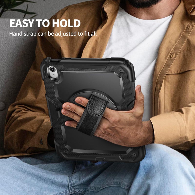 Ambison Case for iPad (A16) 11th/10th Generation 11''/10.9'' 2025/2022, [Kid Proof] Full Body Protective Case with 9H Tempered Glass Screen Protector, 360Â° Rotatable Kickstand & Hand Strap (Black) - Image 4