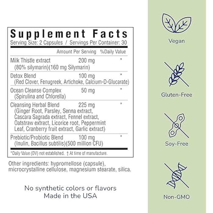 her own Cleanse, Gentle Detox, Supports Healthy Gut, Ocean Algae Cleanse, Prebiotic/Probiotic Blend, Cleansing Herbal Blend, Gluten and Soy Free, Vegan, 60 Capsules, 30 Servings, Multicolor - Image 2