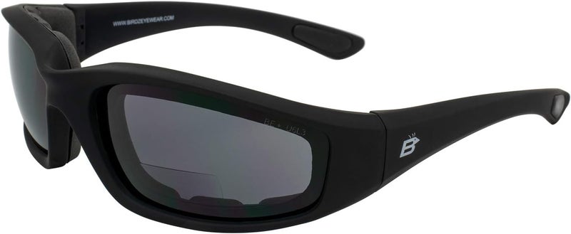 Birdz Eyewear Oriole Padded Safety Bifocal Motorcycle Sunglasses Black Frame Smoke Lenses 2.0 Magnification Carry Bag - Image 1