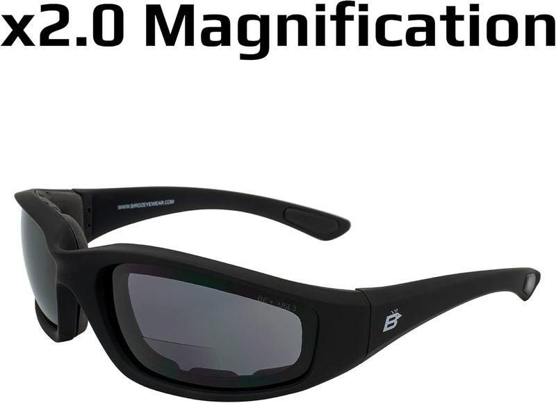 Birdz Eyewear Oriole Padded Safety Bifocal Motorcycle Sunglasses Black Frame Smoke Lenses 2.0 Magnification Carry Bag - Image 4