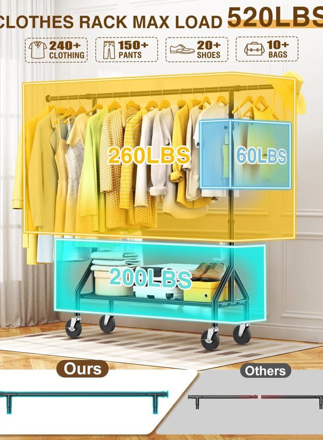 Fybee Heavy Duty Clothes Rack Load 520LBS, Adjustable Rolling Clothing Rack with Sturdy Wheel, Metal Industrial Closet Garment Racks for Hanging Clothes Coat, Portable for Bedroom, Laundry Living Room - Image 2