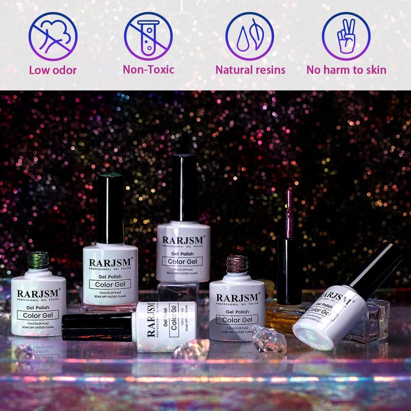 RARJSM Chameleon Gel Nail Polish Multichrome Gradient Color Changing Dark Blue Purple Orange Green 6pcs Set 7.5ml Shimmer Glitter Gel Polish Curing Requires Soak Off Sparkle Chrome Nail Gel Varnish - Image 2