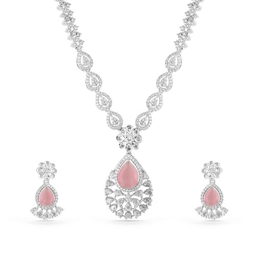 Rubans Womens Rhodium Plated Pastel Pink & White Cubic Zirconia Studded Necklace Set - Image 1