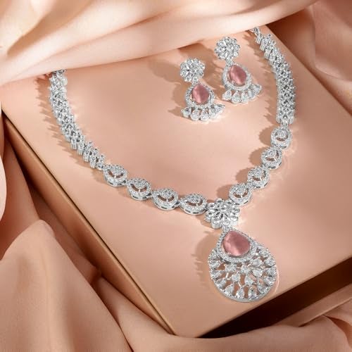 Rubans Womens Rhodium Plated Pastel Pink & White Cubic Zirconia Studded Necklace Set - Image 3