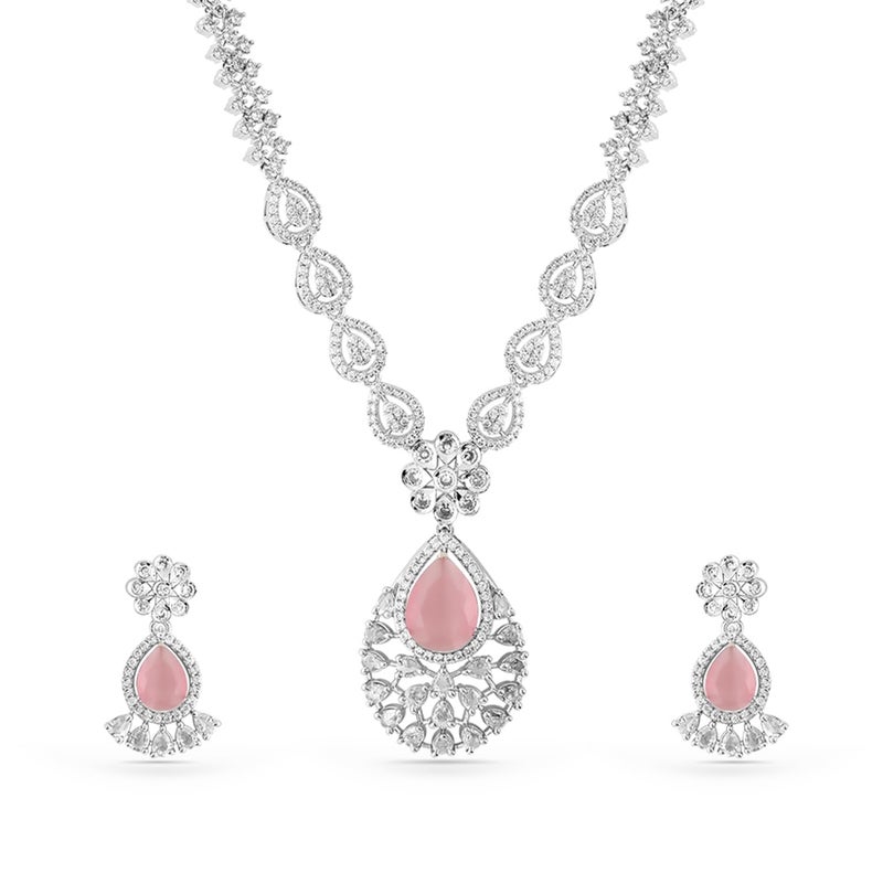 Rubans Womens Rhodium Plated Pastel Pink & White Cubic Zirconia Studded Necklace Set - Image 5