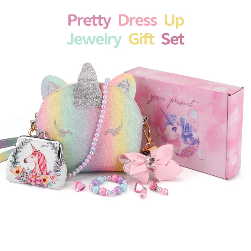 JYPS 7PCS Toddler Purse for Girl, Girls Wallet with Pretend Play Toys, Princess Toys with Kids Dress Up Jewelry Set (Rainbow Unicorn) - Image 2