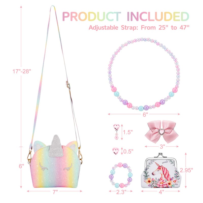 JYPS 7PCS Toddler Purse for Girl, Girls Wallet with Pretend Play Toys, Princess Toys with Kids Dress Up Jewelry Set (Rainbow Unicorn) - Image 4