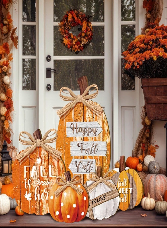 GlikCeil 5 Pcs Fall Decorations for Home Thanksgiving Outdoor Wood Pumpkin Porch Standing Fall Decor Thanksgiving Decorations Welcome Pumpkin Sign for Home Front Door Kitchen Garden (Happy Fall) - Image 1
