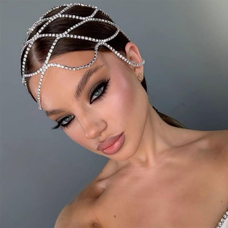 StoneFans Rhinestone Mesh Headpiece Cap Silver Roaring 20s Crystal Flapper Head Chain Bridal Party Hair Accessories for Women Girls (Silver) - Image 4