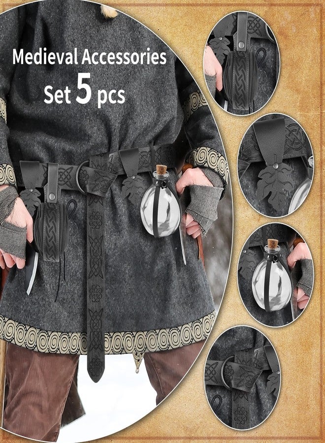 JBKN Women Renaissance Accessories Medieval Viking Belt Potion Bottles Belt Bag Leather Skirt Hikes, Black - Image 3