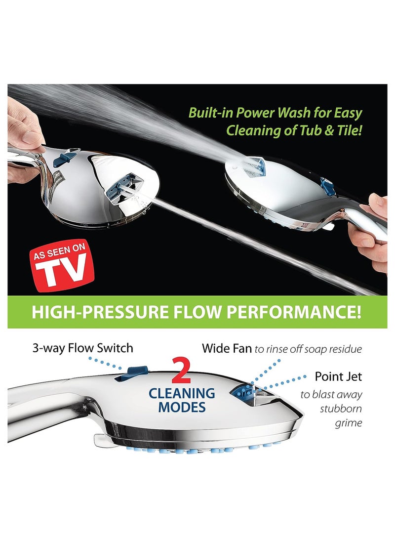 ABJ High Pressure 8-mode Handheld Shower Head - Anti-clog Nozzles, Built-in Power Wash to Clean Tub, Tile & Pets, Extra Long 6 ft. Stainless Steel Hose, Wall & Overhead Brackets - Image 4