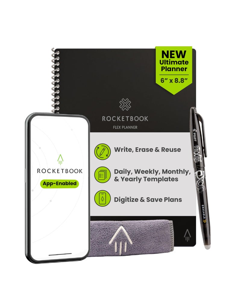 Rocketbook Flex Reusable Planner, Smart Undated, Daily, Weekly, Monthly, Annual Calendar Templates, Executive Size 6X8.8, Black (Pack of 1) - Image 1