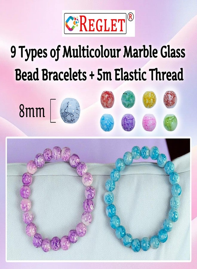 REGLET Pack of 9 - Marble Glass Bead Bracelet Set - Mullticolour - Stretchable Bracelets for Women, Girls Stylish - Adjustable - Bead Size 8mm - Image 3