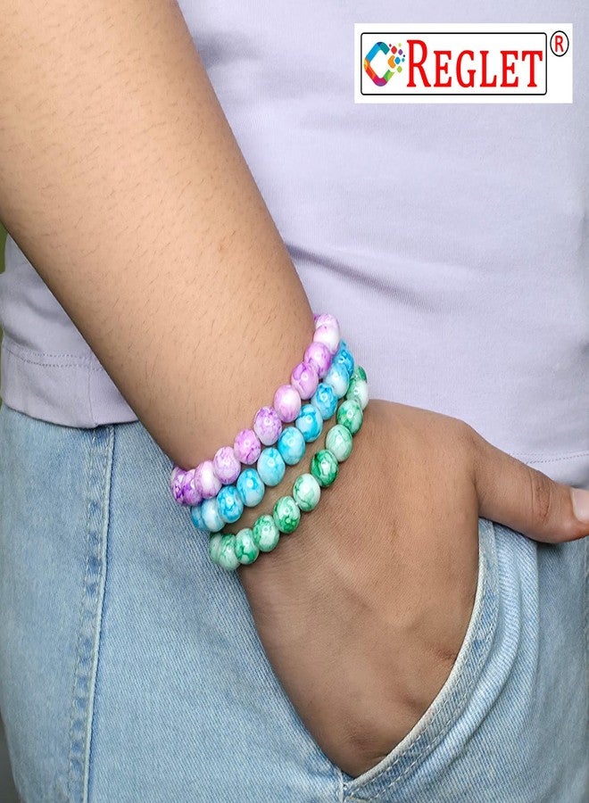 REGLET Pack of 9 - Marble Glass Bead Bracelet Set - Mullticolour - Stretchable Bracelets for Women, Girls Stylish - Adjustable - Bead Size 8mm - Image 4