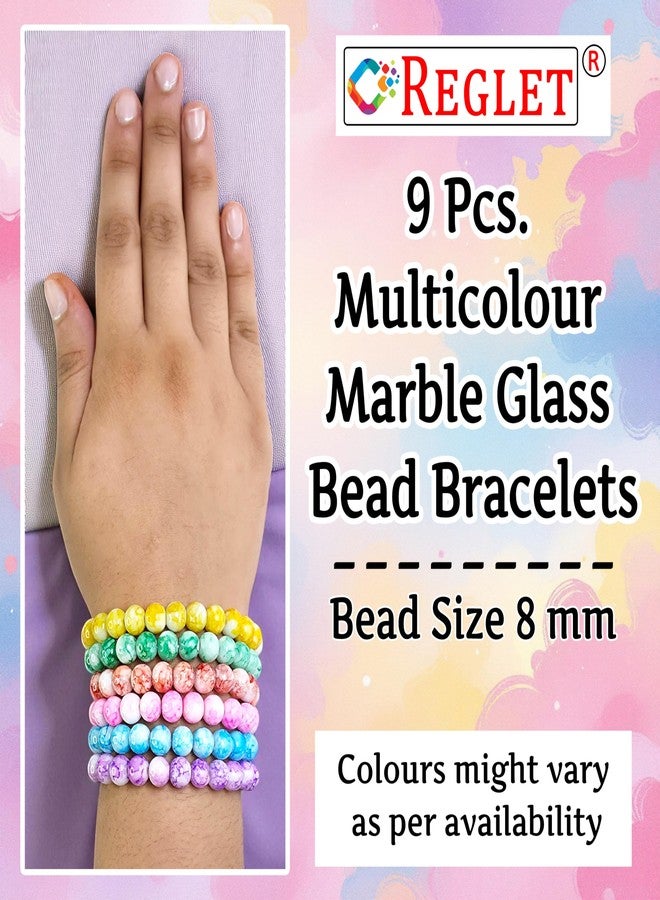 REGLET Pack of 9 - Marble Glass Bead Bracelet Set - Mullticolour - Stretchable Bracelets for Women, Girls Stylish - Adjustable - Bead Size 8mm - Image 2
