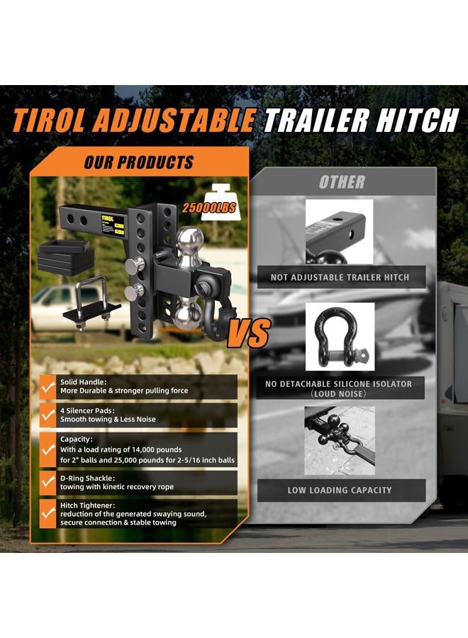 Tirol 2 Inch Adjustable Trailer Hitch Receiver with Shackle - 6 Drop/Rise Drop Hitch, 2'' & 2-5/16'' Ball Hitches, Dual Balls 25000 LBS Capacity - Heavy Duty Tow Hitch with Hitch Tightener - Image 4