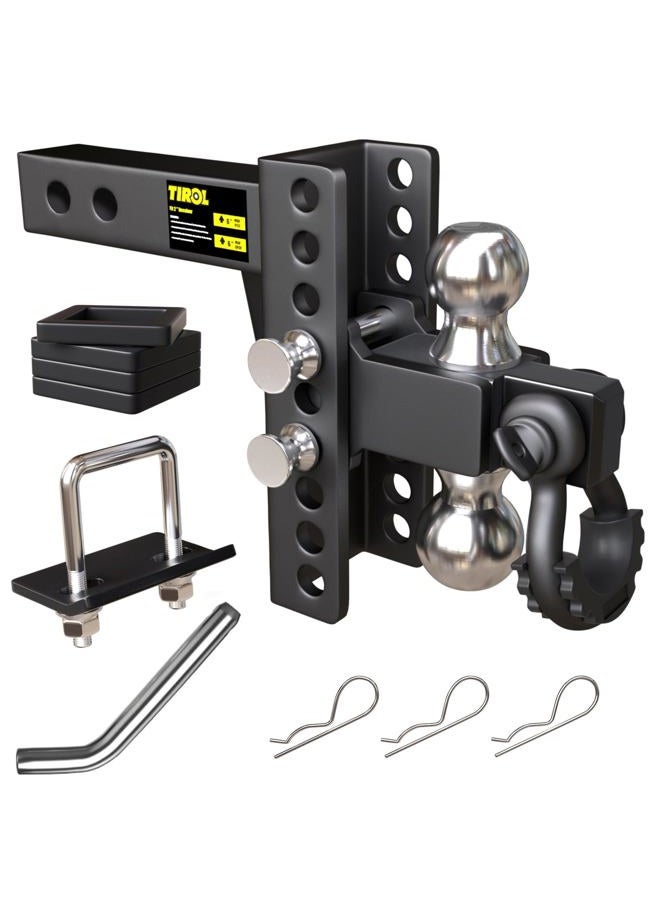 Tirol 2 Inch Adjustable Trailer Hitch Receiver with Shackle - 6 Drop/Rise Drop Hitch, 2'' & 2-5/16'' Ball Hitches, Dual Balls 25000 LBS Capacity - Heavy Duty Tow Hitch with Hitch Tightener - Image 1