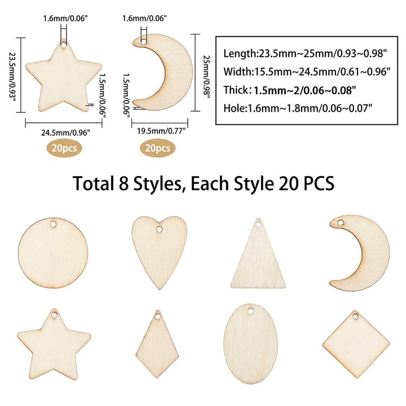 PH PandaHall 160pcs 8 Styles Small Undyed Wood Pendants Natural Star Moon Shapes for Earring Necklace Jewelry DIY Craft Making Tree Ornaments Hanging Ornament Decorations - Image 2