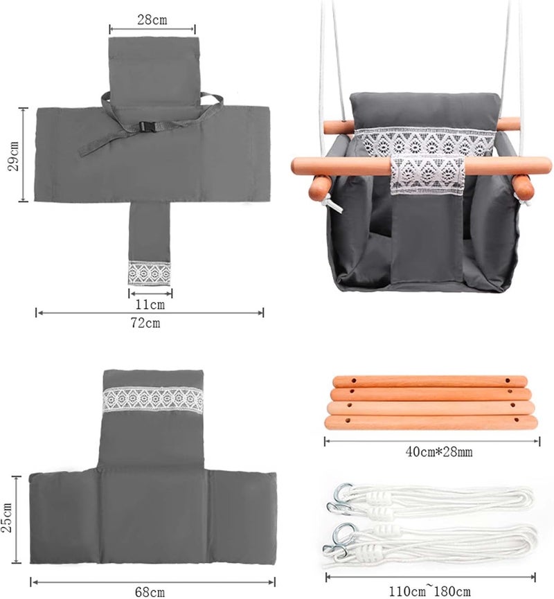 Seafront Seafront Secure Canvas and Wooden Baby Hanging Swing Seat Chair Indoor and Outdoor Hammock Backyard Outside Swing Kids Toys Swings 636 Months with Natural Wooden Ring and Cat Cushion Dark Gray  - Image 2