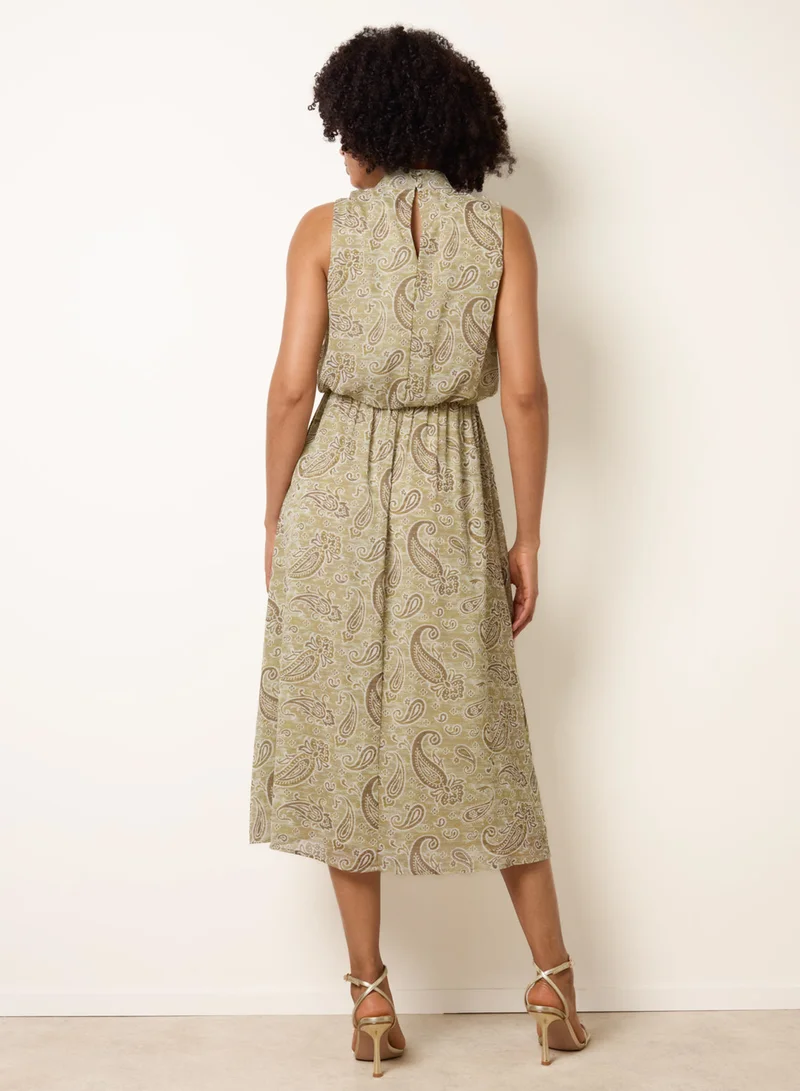 Blue Vanilla Paisley Print Rhinestone High Neck Midi Dress