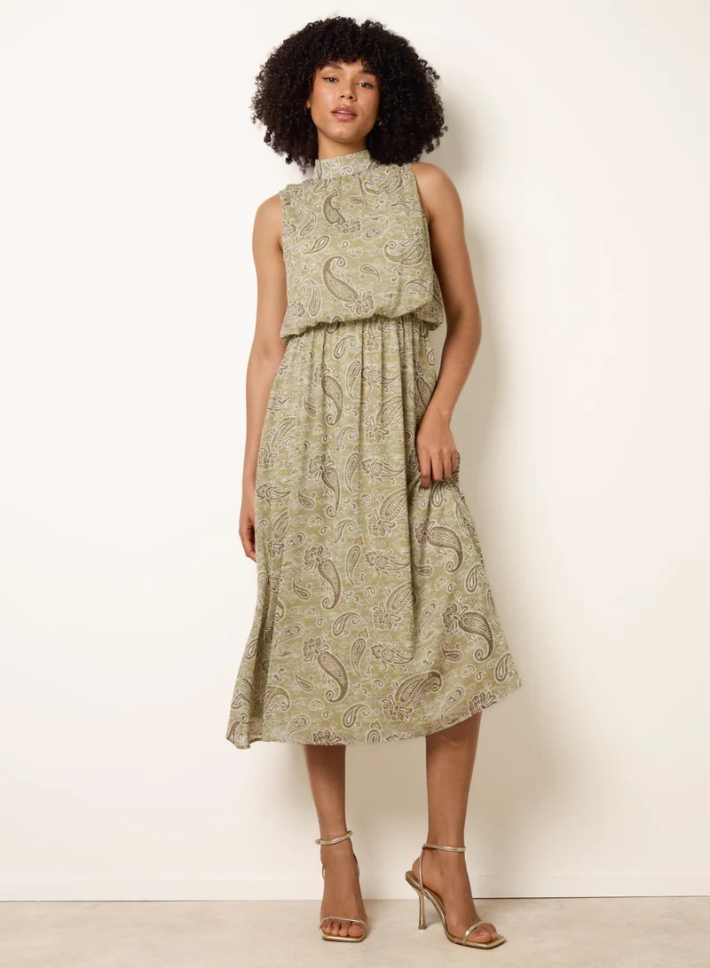 Blue Vanilla Paisley Print Rhinestone High Neck Midi Dress