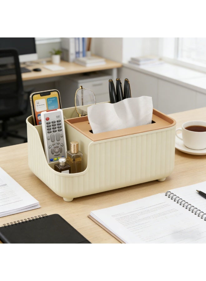 Multifunctional PP Tissue Box Holder with Phone Stand and Storage Compartment – Desktop Organizer for Remote Controls and Small Items, Cream Beige Home Décor - Image 5