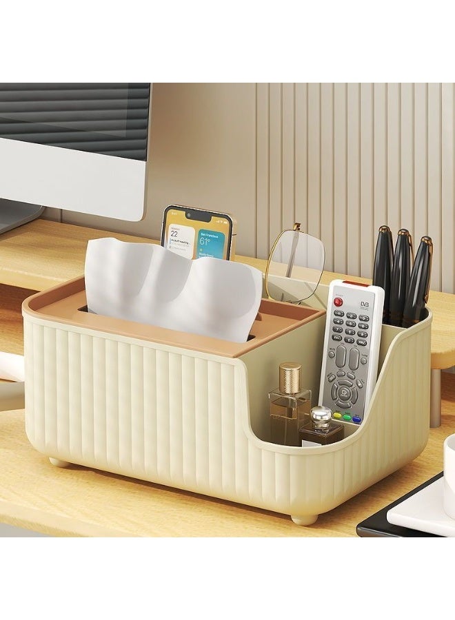 Multifunctional PP Tissue Box Holder with Phone Stand and Storage Compartment – Desktop Organizer for Remote Controls and Small Items, Cream Beige Home Décor - Image 3