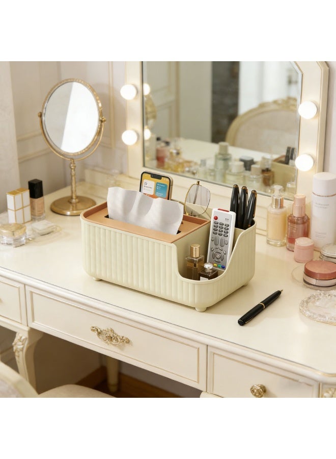 Multifunctional PP Tissue Box Holder with Phone Stand and Storage Compartment – Desktop Organizer for Remote Controls and Small Items, Cream Beige Home Décor - Image 2
