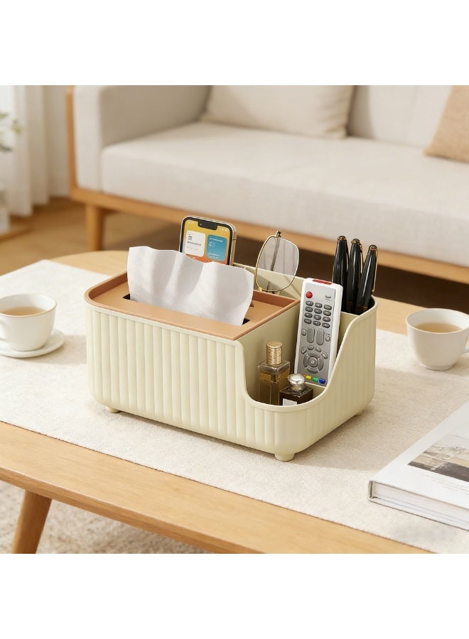 Multifunctional PP Tissue Box Holder with Phone Stand and Storage Compartment – Desktop Organizer for Remote Controls and Small Items, Cream Beige Home Décor - Image 1