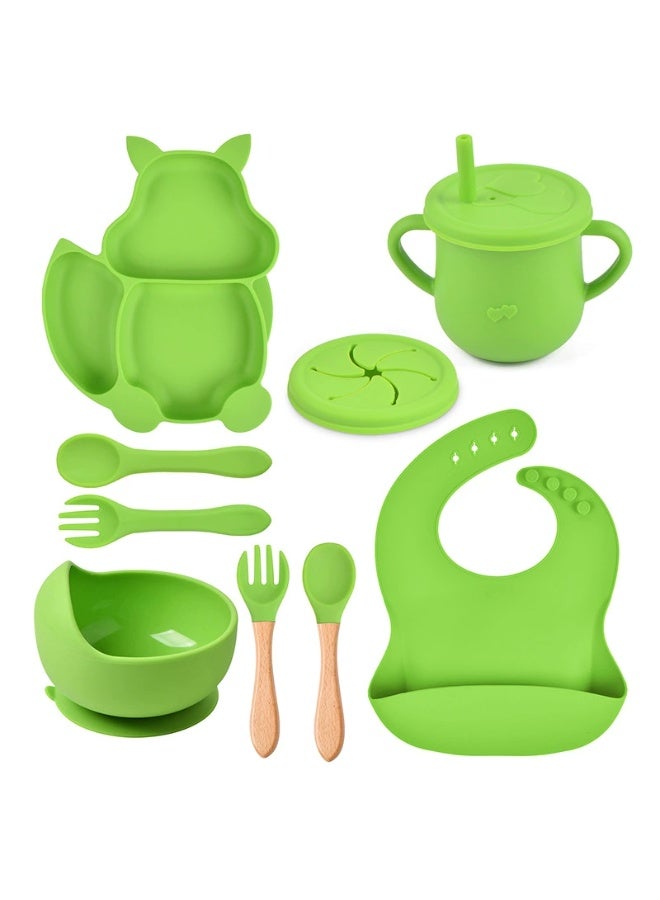 8 Pcs Baby Feeding Set, Food-grade Silicone Baby Tableware Set, Squirrel Baby Cutlery and Plates Set, Non-Slip Infant Dinnerware Set, Baby Self Feeding Utensils
