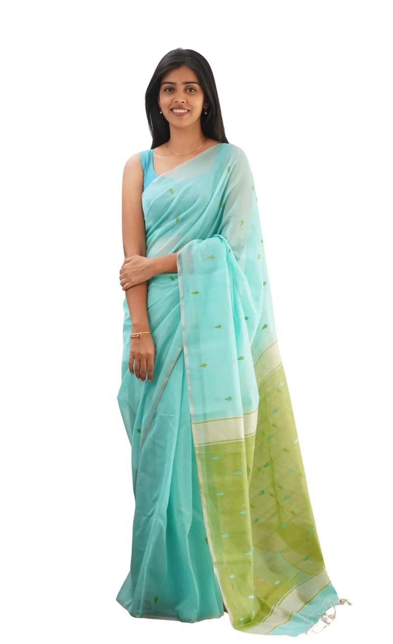 C J Enterprise Women's Banarasi Pure Kanjivaram Silk Saree Cotton Spun Saree for Wedding Soft Design Wear Sarees Latest Sari With Blouse Piece new ladies 2025 (Cotton Lavender) (Blue_Pista) - Image 1